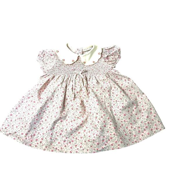 VTG Smocked Cotton Dress Puff Sleeve Embroidered Collar 18 Mth Pink Cottagecore - Picture 7 of 8
